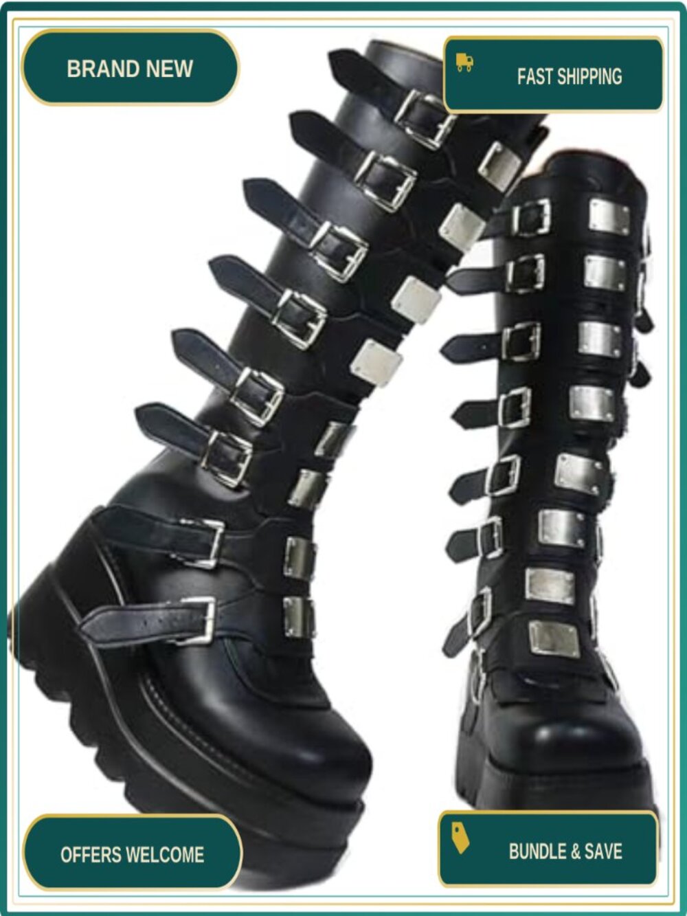 Gothic Knee High Platform Boots Chunky Heel Faux Leather Zip with Buckles